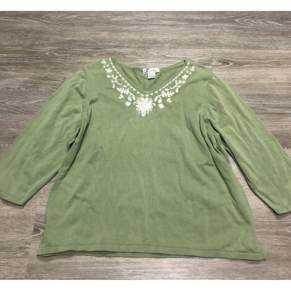 DressBarn Women’s‎ 3X-Large 22/24 Green Flora Embroidered Top 3/4 Sleeve Boho